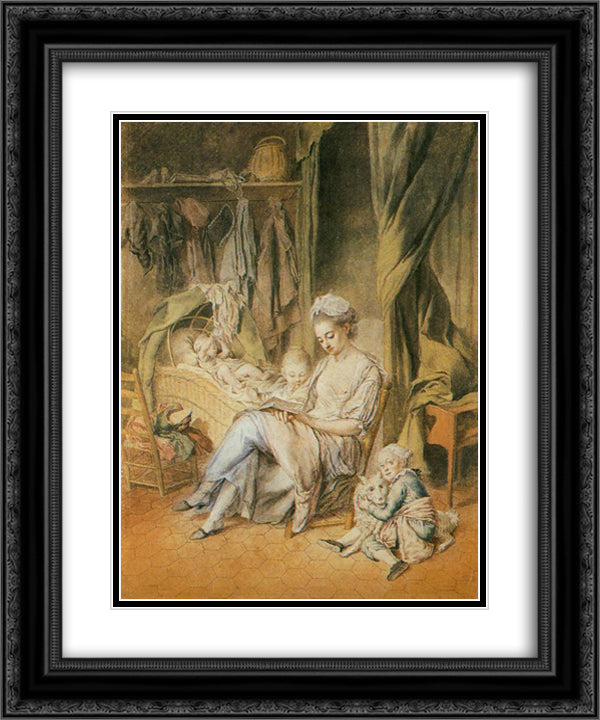 The Happy Mother 20x24 Black Ornate Wood Framed Art Print Poster with Double Matting by Peters, Johann Anton de