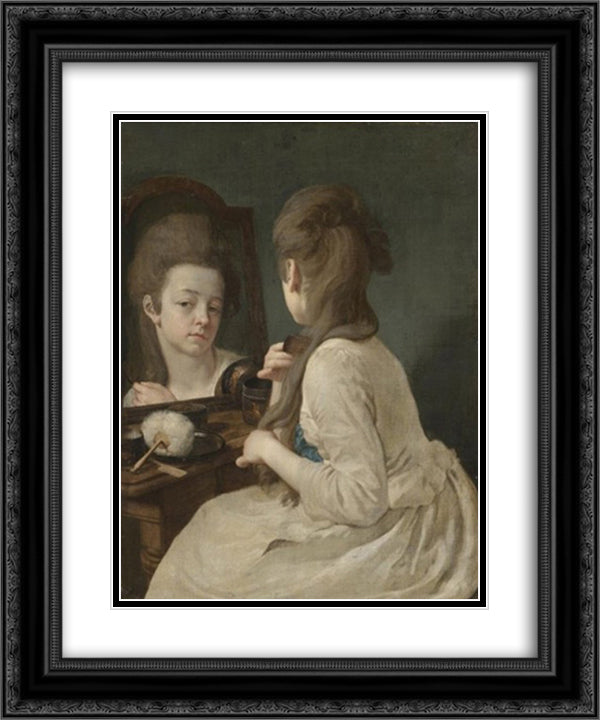 Young lady at her toilet combing her hair 20x24 Black Ornate Wood Framed Art Print Poster with Double Matting by Peters, Johann Anton de