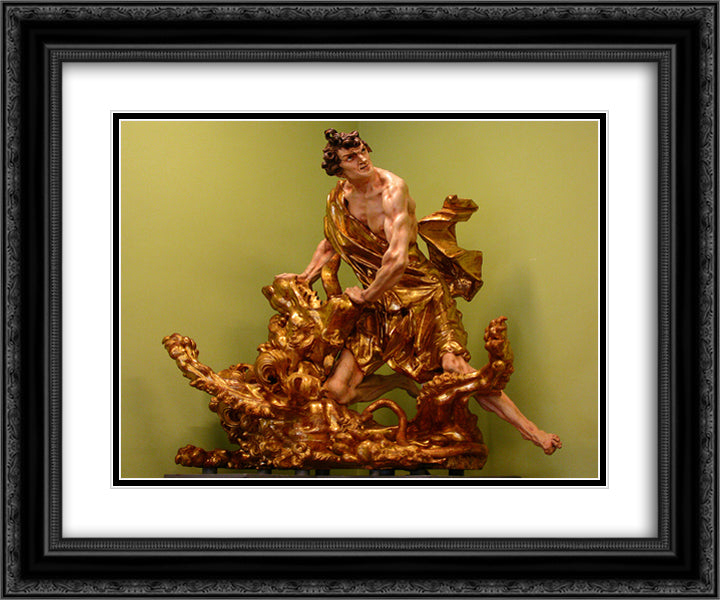 Samson tearing the lion's mouth 24x20 Black Ornate Wood Framed Art Print Poster with Double Matting by Pinzel, Johann Georg