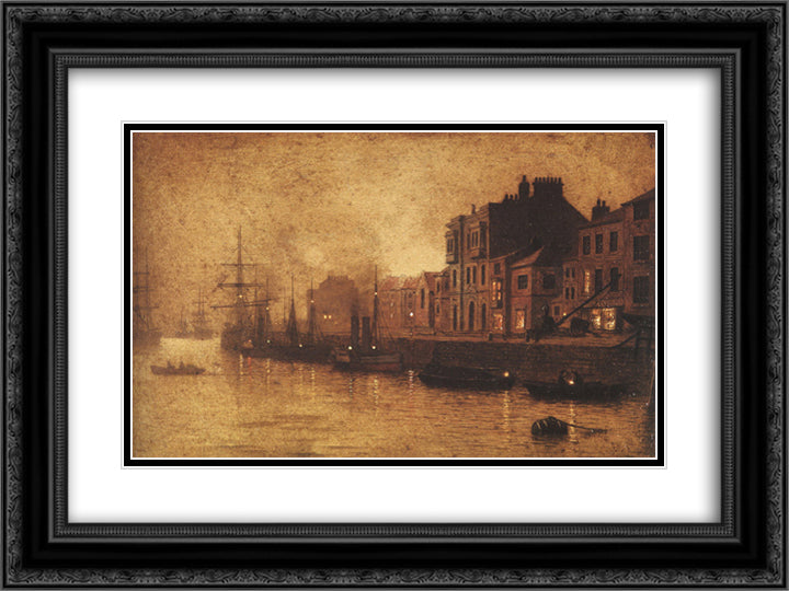 Evening, Whitby Harbour 24x18 Black Ornate Wood Framed Art Print Poster with Double Matting by Grimshaw, John Atkinson