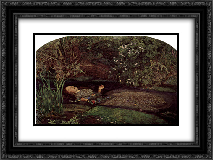 Ophelia 24x18 Black Ornate Wood Framed Art Print Poster with Double Matting by Millais, John Everett