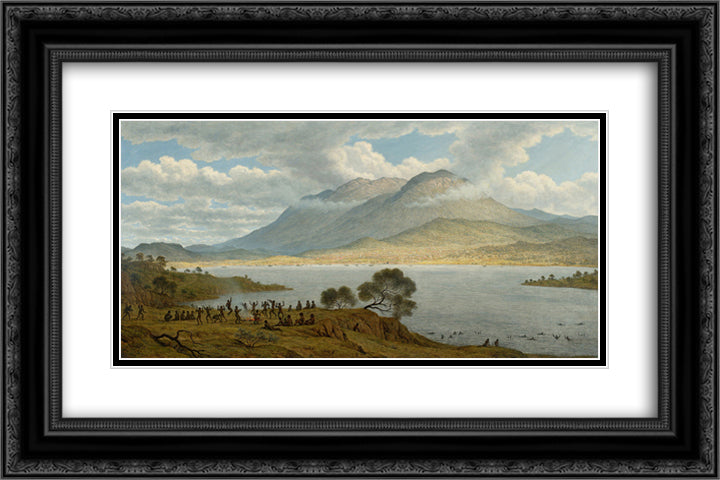 Mount Wellington and Hobart Town from Kangaroo Point 24x16 Black Ornate Wood Framed Art Print Poster with Double Matting by Glover, John