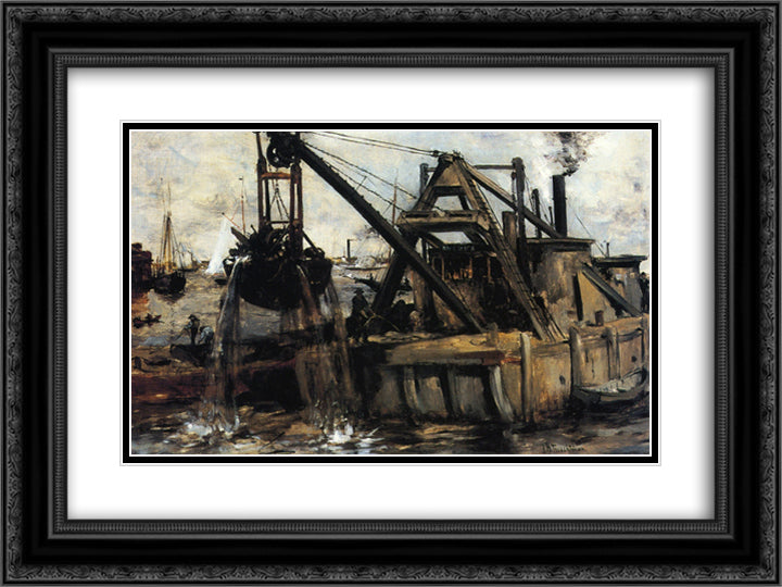 Dredging in the East River 24x18 Black Ornate Wood Framed Art Print Poster with Double Matting by Twachtman, John Henry