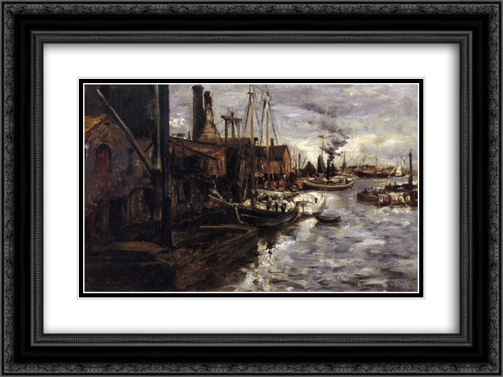 End of the Pier, New York Harbor 24x18 Black Ornate Wood Framed Art Print Poster with Double Matting by Twachtman, John Henry