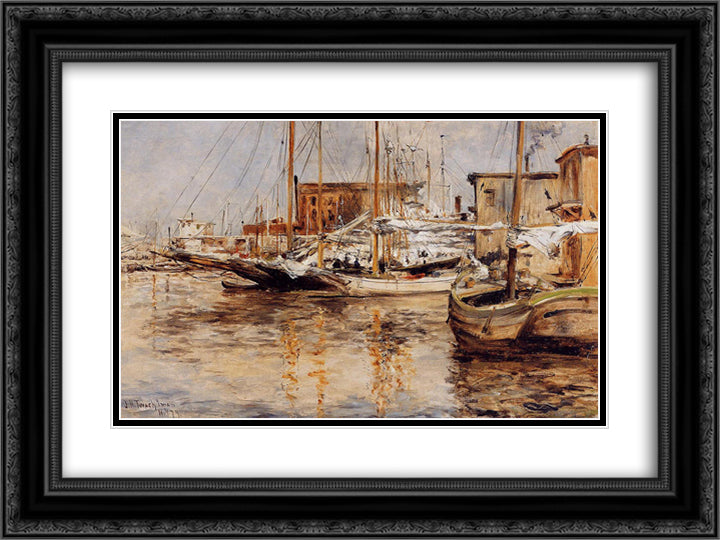 Oyster Boats, North River 24x18 Black Ornate Wood Framed Art Print Poster with Double Matting by Twachtman, John Henry
