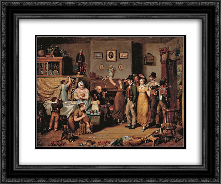The Quilting Frolic 24x20 Black Ornate Wood Framed Art Print Poster with Double Matting by Krimmel, John Lewis