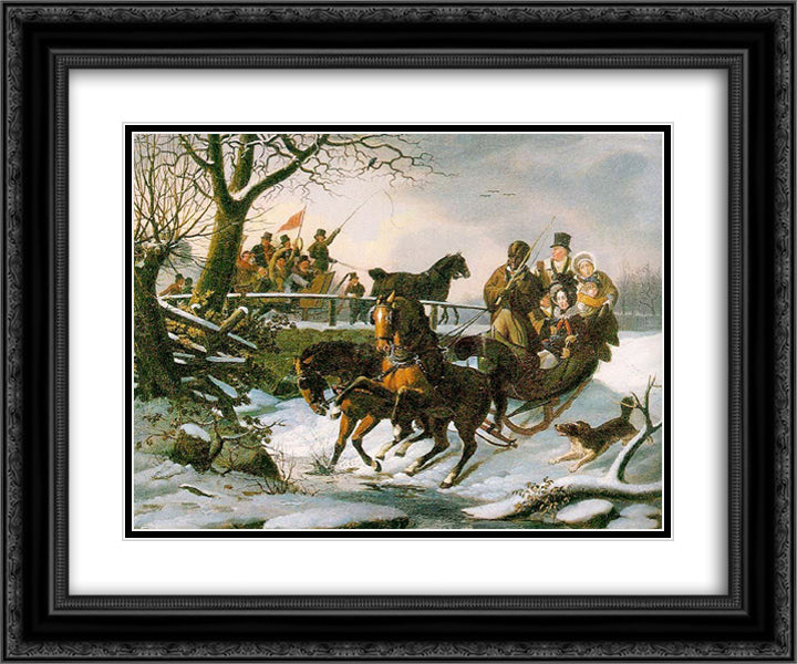 The Sleighing Frolic 24x20 Black Ornate Wood Framed Art Print Poster with Double Matting by Krimmel, John Lewis