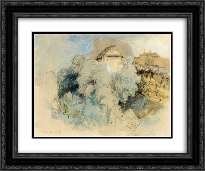 Houses at Heuchatel, Switzerland 24x20 Black Ornate Wood Framed Art Print Poster with Double Matting by Ruskin, John