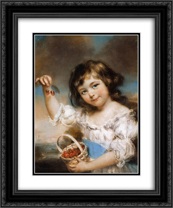 Small Girl Presenting Cherries 20x24 Black Ornate Wood Framed Art Print Poster with Double Matting by Russell, John