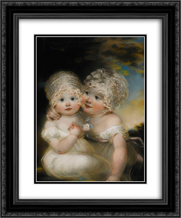 Two small Girls with Bonnets 20x24 Black Ornate Wood Framed Art Print Poster with Double Matting by Russell, John