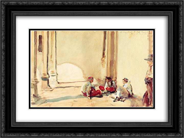A Spanish Barracks 24x18 Black Ornate Wood Framed Art Print Poster with Double Matting by Sargent, John Singer
