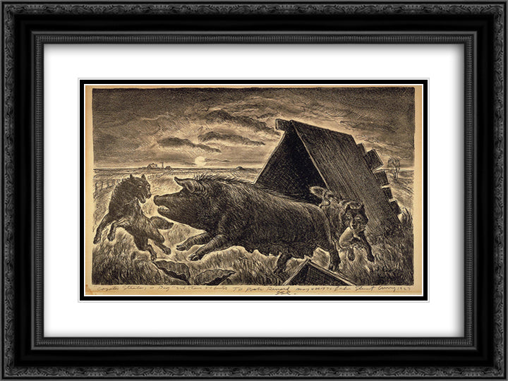 Coyotes Stealing a Pig 24x18 Black Ornate Wood Framed Art Print Poster with Double Matting by Steuart Curry, John
