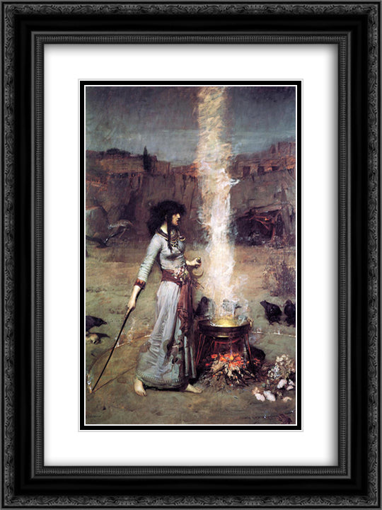 The Magic Circle 18x24 Black Ornate Wood Framed Art Print Poster with Double Matting by Waterhouse, John William