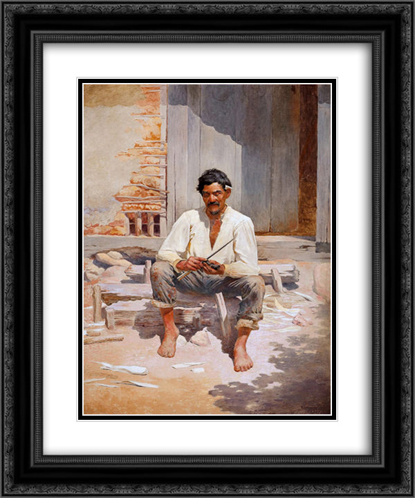 Caipira Chopping Tobacco (Sketch) 20x24 Black Ornate Wood Framed Art Print Poster with Double Matting by Almeida Junior, Jose Ferraz de