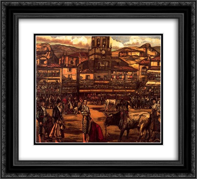 Bull Fighting in Ronda 22x20 Black Ornate Wood Framed Art Print Poster with Double Matting by Solana, Jose Gutierrez