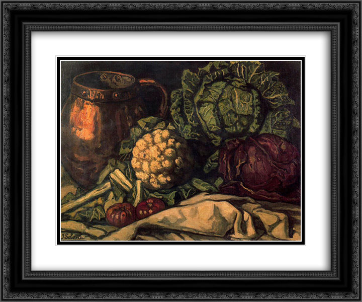 Still life with Red Cabbage, Copper, Cauliflower and Cabbage 24x20 Black Ornate Wood Framed Art Print Poster with Double Matting by Solana, Jose Gutierrez