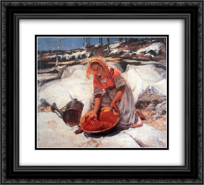 Dying the clothes 22x20 Black Ornate Wood Framed Art Print Poster with Double Matting by Malhoa, Jose