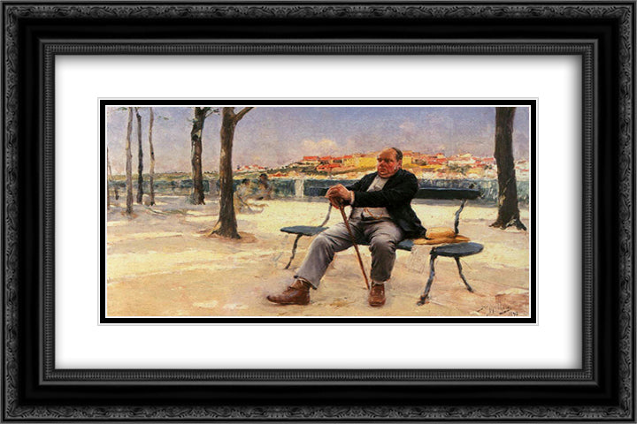 Gozando os rendimentos 24x16 Black Ornate Wood Framed Art Print Poster with Double Matting by Malhoa, Jose