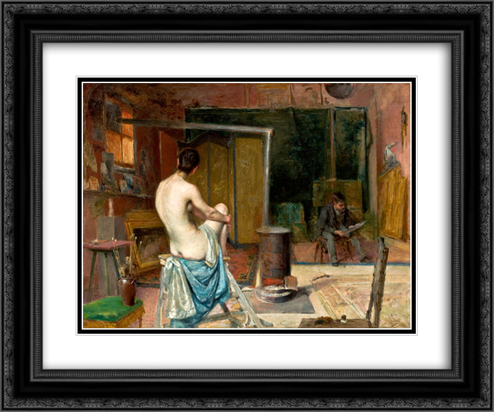 The Artist's Studio 24x20 Black Ornate Wood Framed Art Print Poster with Double Matting by Malhoa, Jose