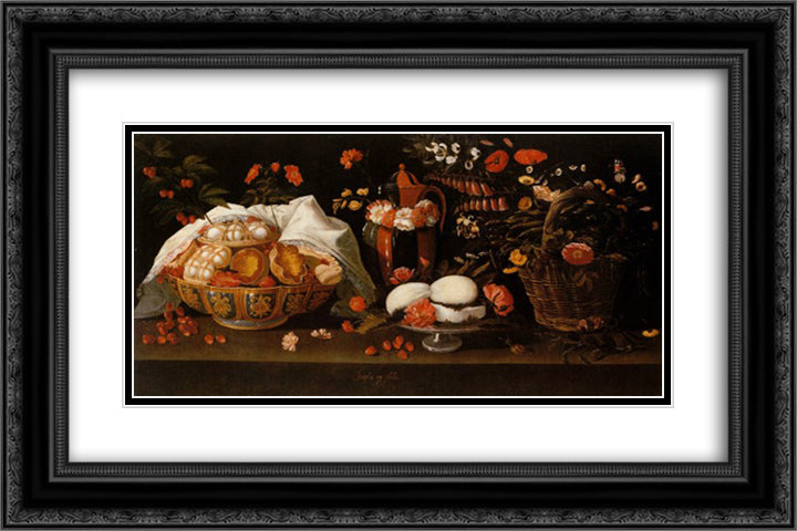 Natureza morta - Doces e Flores 24x16 Black Ornate Wood Framed Art Print Poster with Double Matting by Obidos, Josefa de
