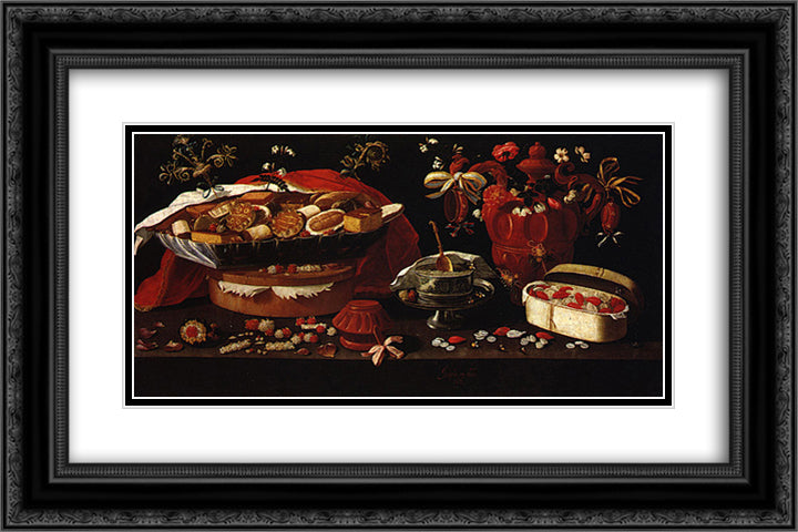 Still life 24x16 Black Ornate Wood Framed Art Print Poster with Double Matting by Obidos, Josefa de