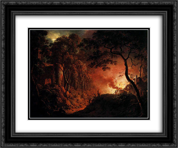 A Cottage on Fire 24x20 Black Ornate Wood Framed Art Print Poster with Double Matting by Wright, Joseph