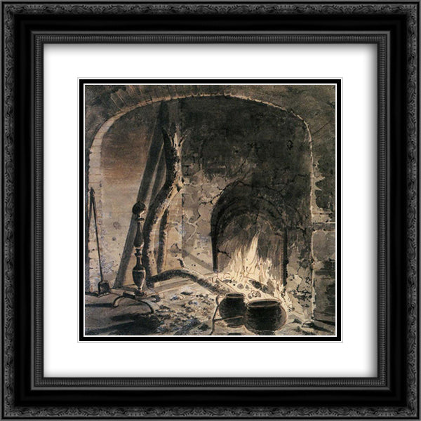 An Open Hearth with a Fire 20x20 Black Ornate Wood Framed Art Print Poster with Double Matting by Wright, Joseph