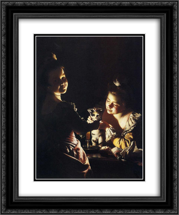 Dressing the Kitten 20x24 Black Ornate Wood Framed Art Print Poster with Double Matting by Wright, Joseph