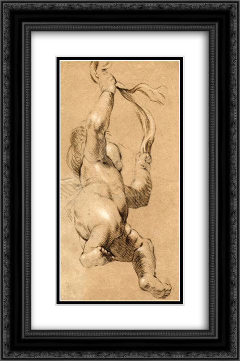 Sketch of Putto Holding a Sash in Both Hands, Seen from Below 16x24 Black Ornate Wood Framed Art Print Poster with Double Matting by Reynolds, Joshua