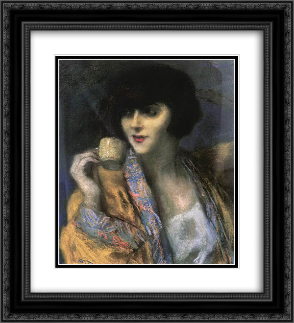 Woman With a Chinese Cup 20x22 Black Ornate Wood Framed Art Print Poster with Double Matting by Rippl Ronai, Jozsef