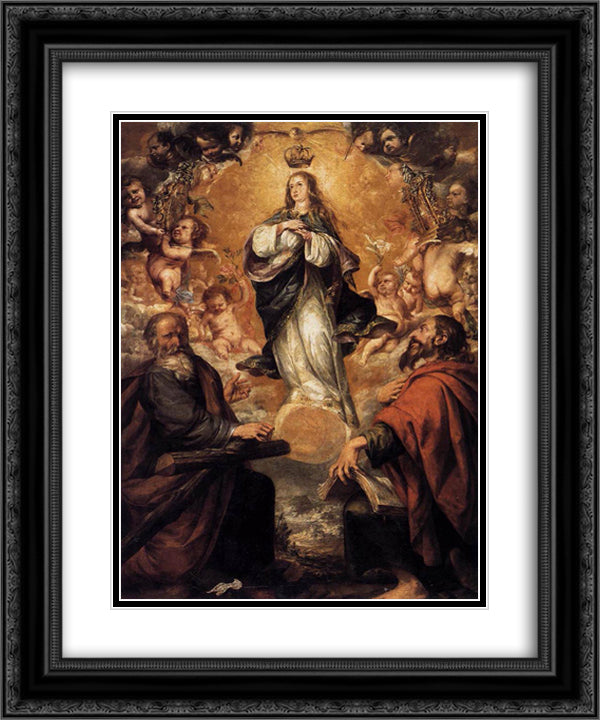 Virgin of the Immaculate Conception with Sts Andrew and John the Baptist 20x24 Black Ornate Wood Framed Art Print Poster with Double Matting by Valdes Leal, Juan de