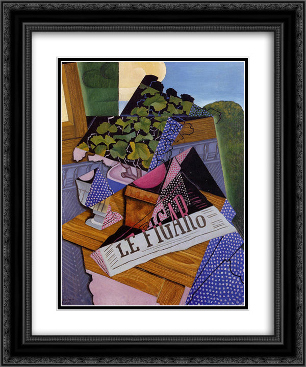 A Pot of Geraniums 20x24 Black Ornate Wood Framed Art Print Poster with Double Matting by Gris, Juan