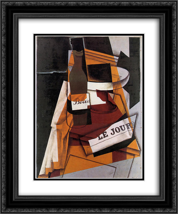 Bottle, Newspaper and Fruit Bowl 20x24 Black Ornate Wood Framed Art Print Poster with Double Matting by Gris, Juan