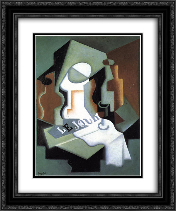 Bottle and Fruit Dish 20x24 Black Ornate Wood Framed Art Print Poster with Double Matting by Gris, Juan