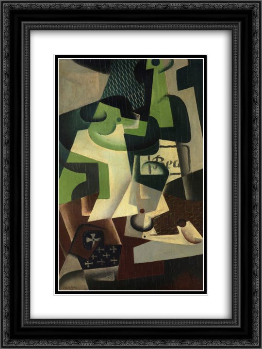 Bottle of Beaune and a Fruit Dish 18x24 Black Ornate Wood Framed Art Print Poster with Double Matting by Gris, Juan