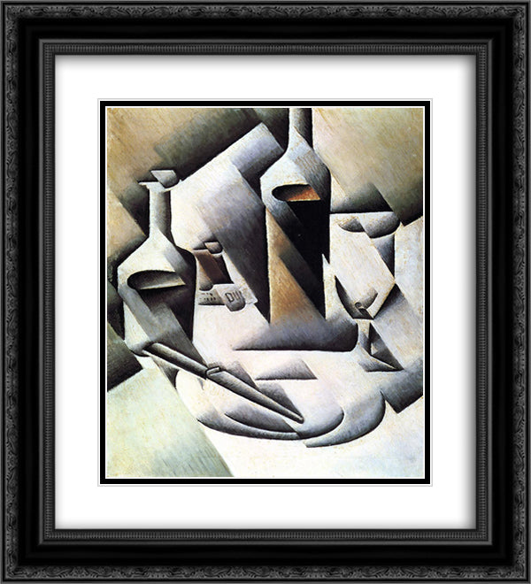 Bottles and Knife 20x22 Black Ornate Wood Framed Art Print Poster with Double Matting by Gris, Juan