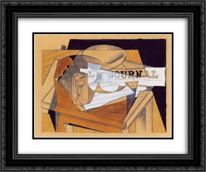 Bowl, Glass and Newspaper 24x20 Black Ornate Wood Framed Art Print Poster with Double Matting by Gris, Juan
