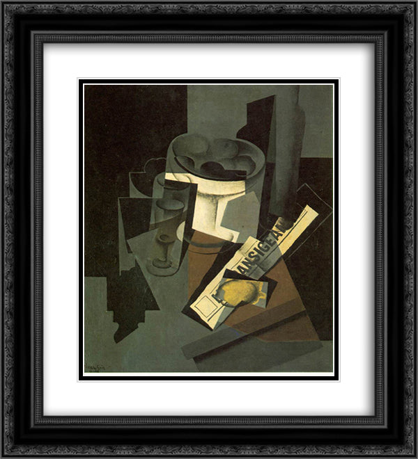 Fruit dish, glass and lemon (Still life with nerwspape) 20x22 Black Ornate Wood Framed Art Print Poster with Double Matting by Gris, Juan