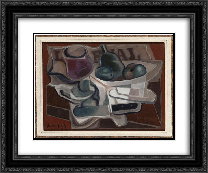 Fruit Dish and Glass 24x20 Black Ornate Wood Framed Art Print Poster with Double Matting by Gris, Juan
