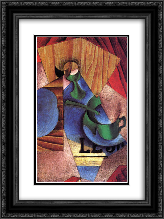 Glass, Cup and Newspaper 18x24 Black Ornate Wood Framed Art Print Poster with Double Matting by Gris, Juan