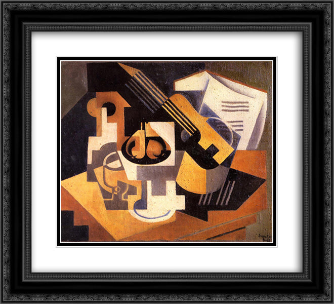 Guitar and Fruit Bowl on a Table 22x20 Black Ornate Wood Framed Art Print Poster with Double Matting by Gris, Juan