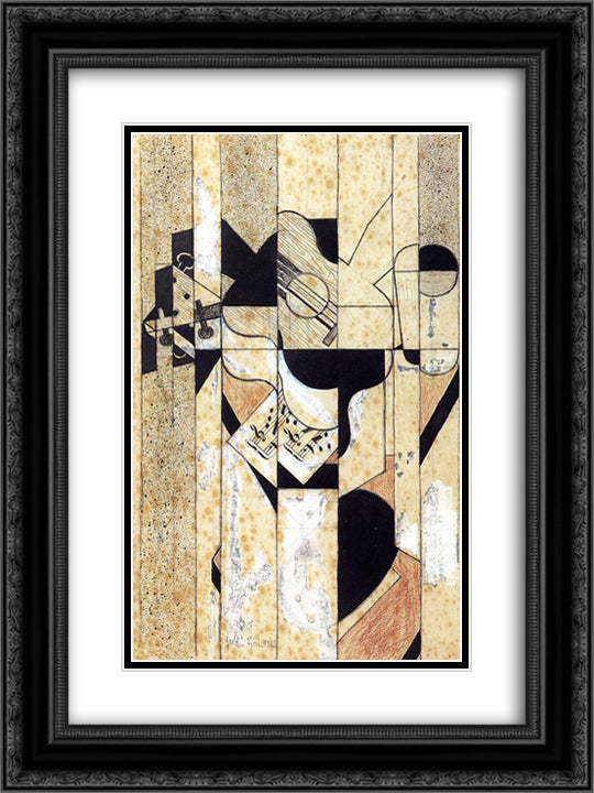 Guitar and Glass 18x24 Black Ornate Wood Framed Art Print Poster with Double Matting by Gris, Juan