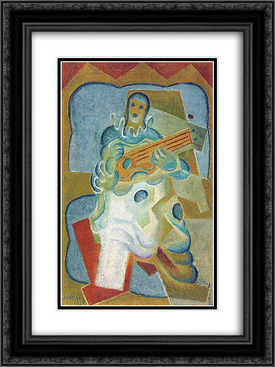 Pierrot Playing Guitar 18x24 Black Ornate Wood Framed Art Print Poster with Double Matting by Gris, Juan
