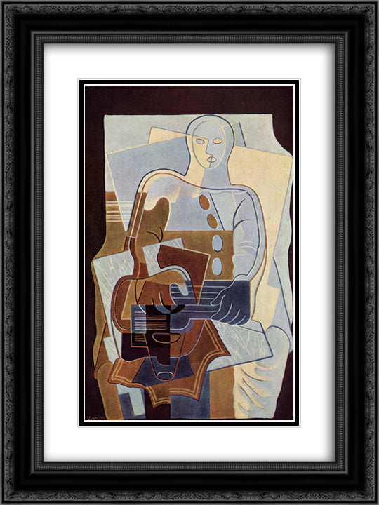 Pierrot with Guitar 18x24 Black Ornate Wood Framed Art Print Poster with Double Matting by Gris, Juan