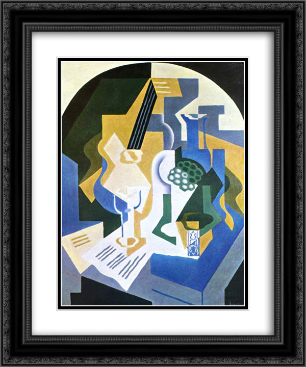 Still life with fruit bowl and mandolin 20x24 Black Ornate Wood Framed Art Print Poster with Double Matting by Gris, Juan