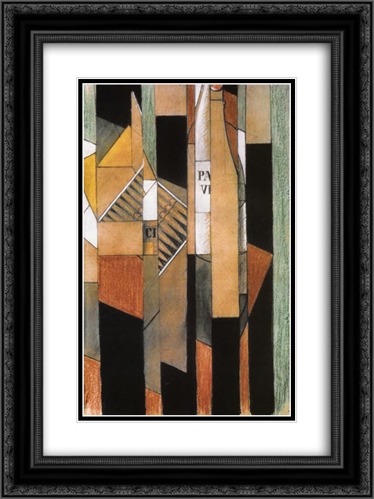 Still Life with Bottle and Cigars 18x24 Black Ornate Wood Framed Art Print Poster with Double Matting by Gris, Juan