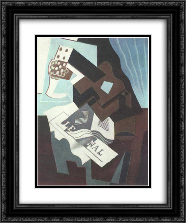 Still Life with Guitar, Book and newspaper 20x24 Black Ornate Wood Framed Art Print Poster with Double Matting by Gris, Juan