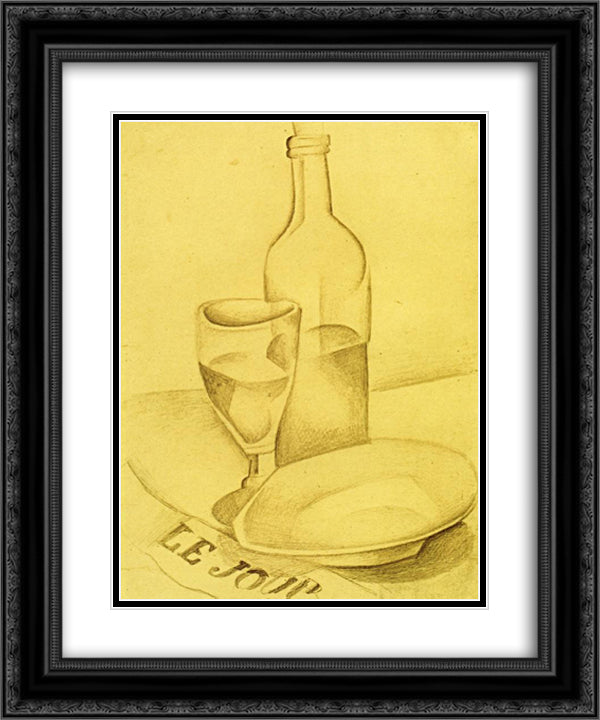 Still Life with Newspaper 20x24 Black Ornate Wood Framed Art Print Poster with Double Matting by Gris, Juan