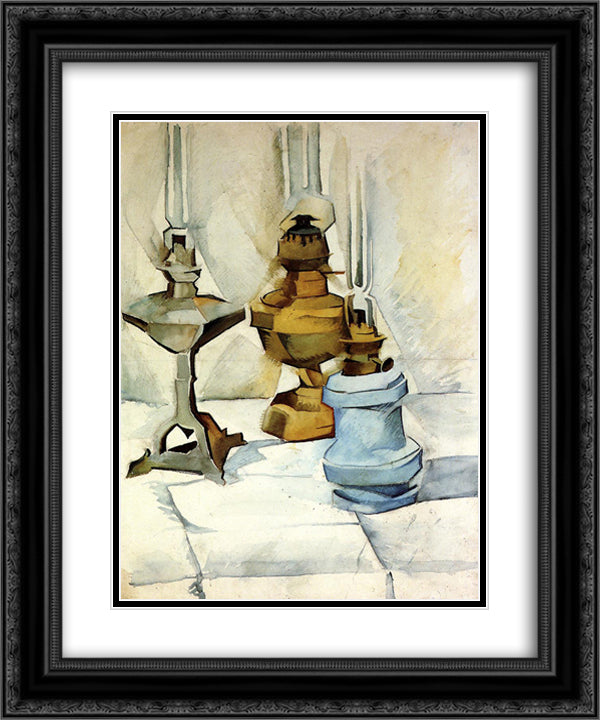 Three Lamps 20x24 Black Ornate Wood Framed Art Print Poster with Double Matting by Gris, Juan