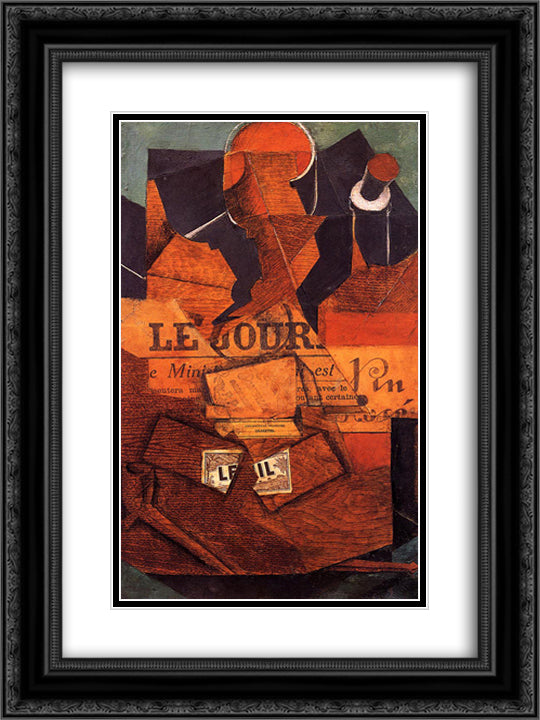 Tobacco, Newspaper and Bottle of Wine 18x24 Black Ornate Wood Framed Art Print Poster with Double Matting by Gris, Juan